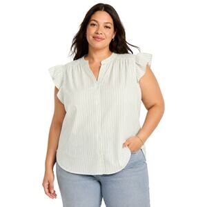 Old Navy Green White Striped Flutter Sleeve 100% Cotton Blouse, Plus Size 2XL